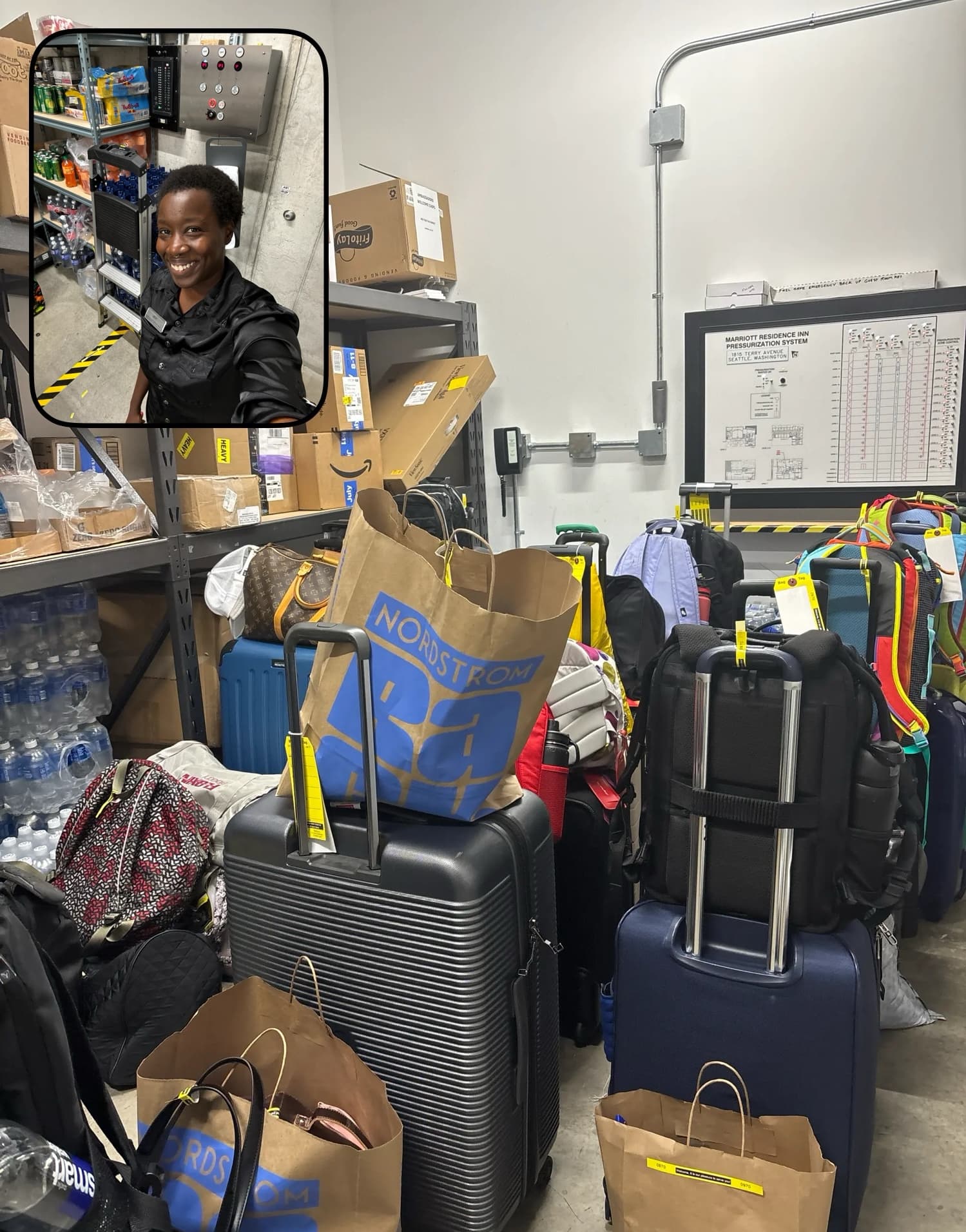 Holly in a black Marriott uniform in the bell storage room, surrounded by guest luggage